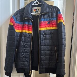 Aviatior Nation Navy Blue Quilted Jacket with Multicolor Stripes